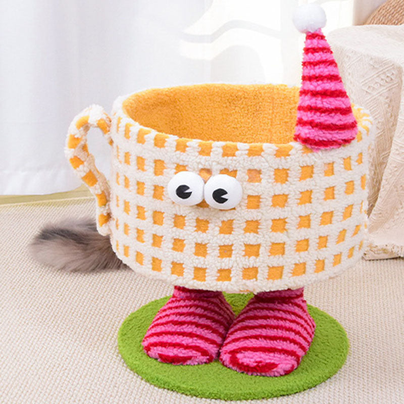 Arbre à chat multifonctionnel en forme de tasse cylindrique, en velours, tissu sisal et tube en papier, contemporain et créatif, pour chambre à coucher 