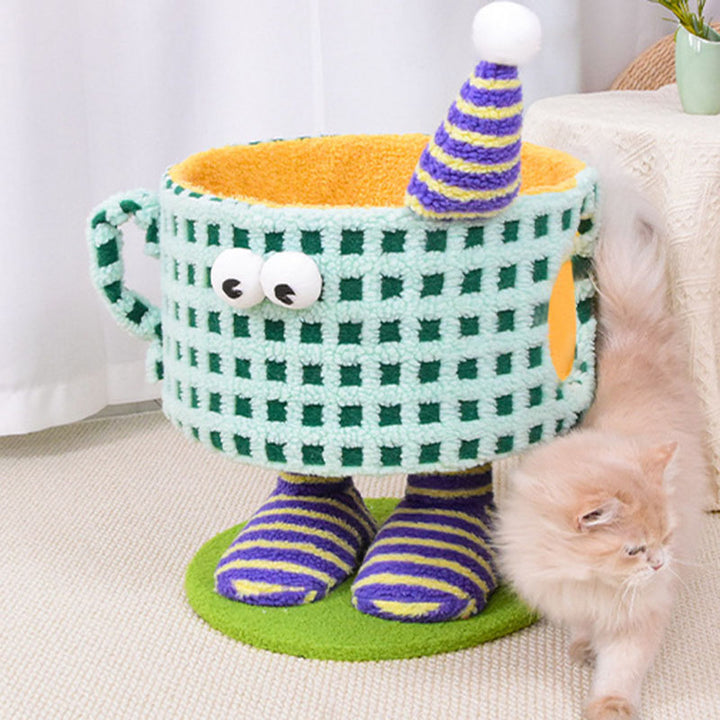 Arbre à chat multifonctionnel en forme de tasse cylindrique, en velours, tissu sisal et tube en papier, contemporain et créatif, pour chambre à coucher 