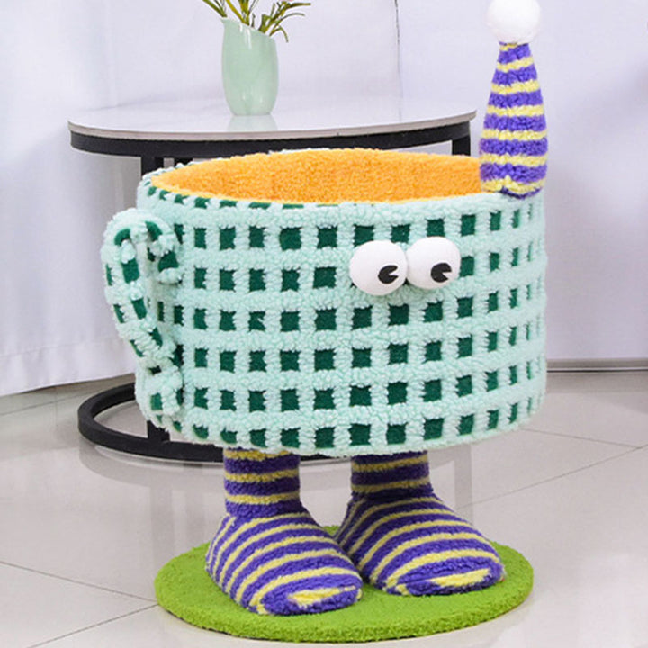 Arbre à chat multifonctionnel en forme de tasse cylindrique, en velours, tissu sisal et tube en papier, contemporain et créatif, pour chambre à coucher 