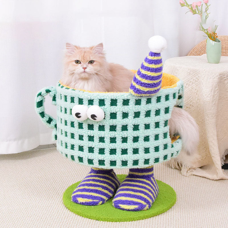 Arbre à chat multifonctionnel en forme de tasse cylindrique, en velours, tissu sisal et tube en papier, contemporain et créatif, pour chambre à coucher 