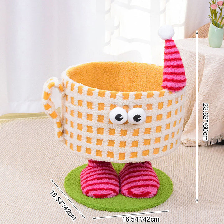 Arbre à chat multifonctionnel en forme de tasse cylindrique, en velours, tissu sisal et tube en papier, contemporain et créatif, pour chambre à coucher 