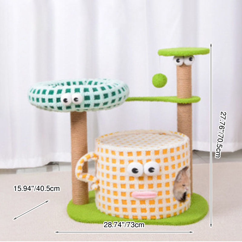 Arbre à chat multifonctionnel en forme de tasse cylindrique, en velours, tissu sisal et tube en papier, contemporain et créatif, pour chambre à coucher 
