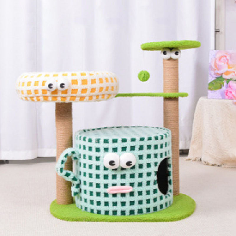 Arbre à chat multifonctionnel en forme de tasse cylindrique, en velours, tissu sisal et tube en papier, contemporain et créatif, pour chambre à coucher 