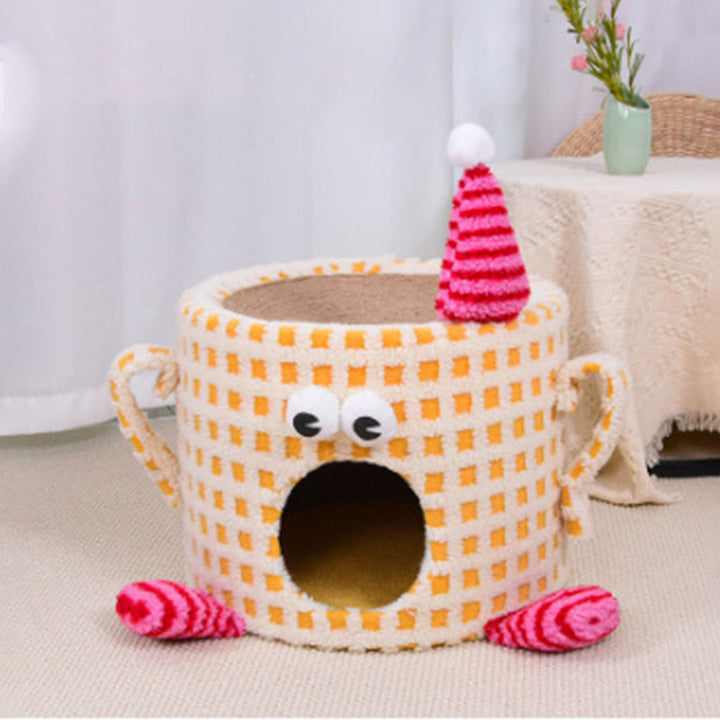 Arbre à chat multifonctionnel en forme de tasse cylindrique, en velours, tissu sisal et tube en papier, contemporain et créatif, pour chambre à coucher 