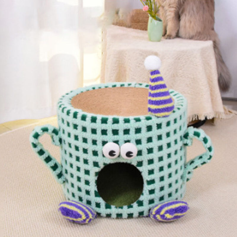 Arbre à chat multifonctionnel en forme de tasse cylindrique, en velours, tissu sisal et tube en papier, contemporain et créatif, pour chambre à coucher 