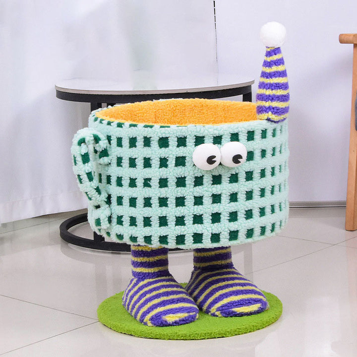 Arbre à chat multifonctionnel en forme de tasse cylindrique, en velours, tissu sisal et tube en papier, contemporain et créatif, pour chambre à coucher 