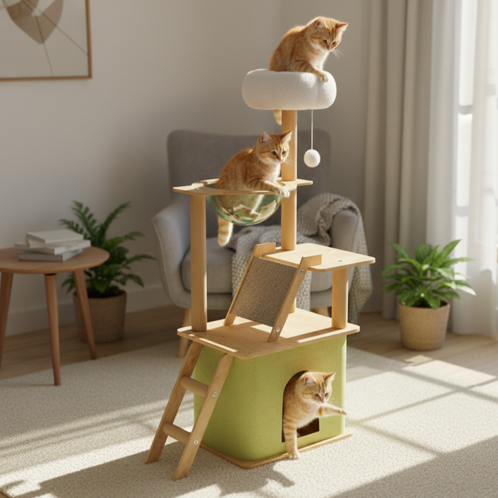 شجرة قطة متعددة الوظائف من الألياف الخشبية متوسطة الكثافة بتصميم مستطيل عصري مع قماش PET وأكريليك لغرفة المعيشة 