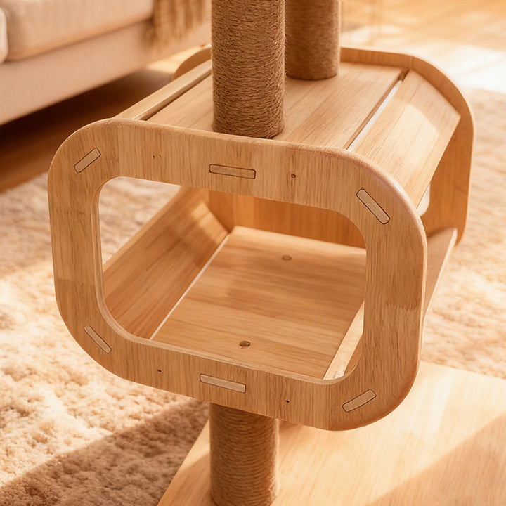 شجرة قطة متعددة الوظائف مصنوعة من ألواح خشبية صلبة متعددة الطبقات بتصميم مربع عصري من الطراز الاسكندنافي مع قماش أكريليك لغرفة المعيشة 