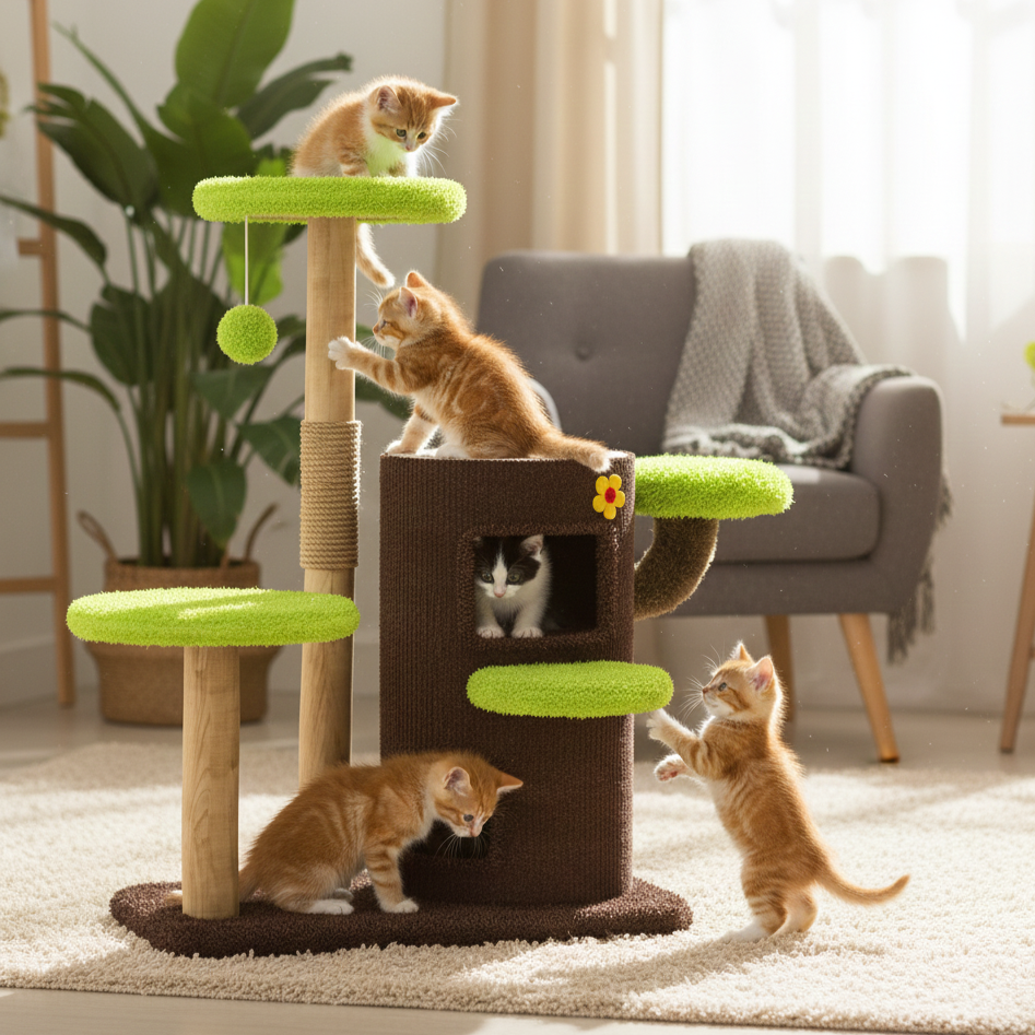 Contemporary Creative Cylindrical Tree-Shaped Natural Fruitwood Medium-Density Fiberboard Sisal Fabric Multi-Functional Cat Tree For Living Room