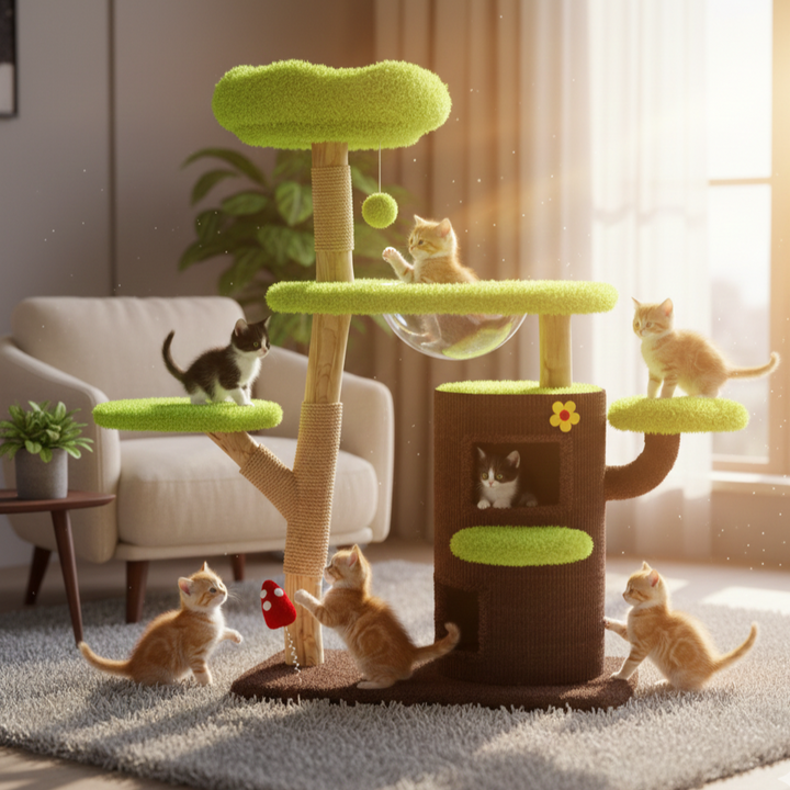 Contemporary Creative Cylindrical Tree-Shaped Natural Fruitwood Medium-Density Fiberboard Sisal Fabric Multi-Functional Cat Tree For Living Room