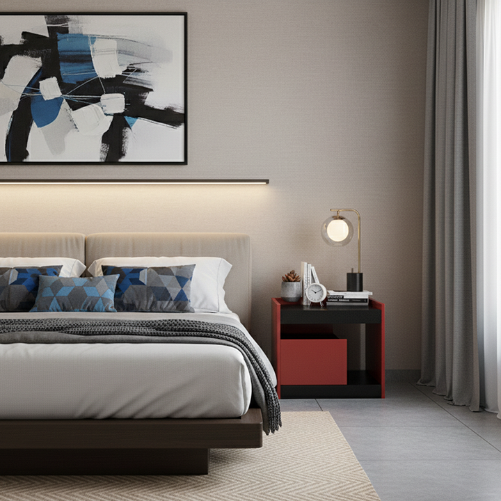 Moderner minimalistischer zweifarbiger Nachttisch mit 1 Schublade - Schwarze Eiche &amp; scharlachrotes Akzent-Aufbewahrungstisch für das Schlafzimmer 