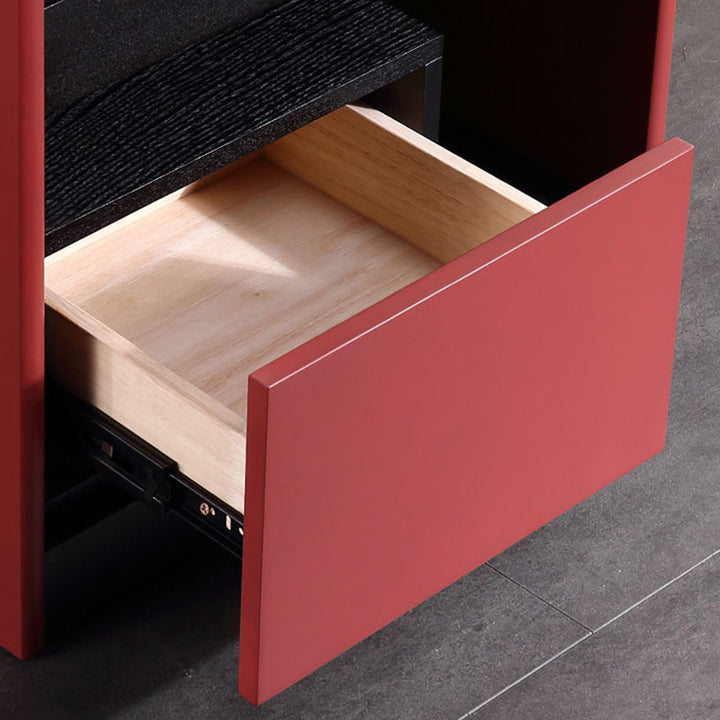 Moderner minimalistischer zweifarbiger Nachttisch mit 1 Schublade - Schwarze Eiche &amp; scharlachrotes Akzent-Aufbewahrungstisch für das Schlafzimmer 