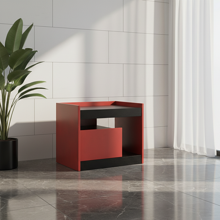 Moderner minimalistischer zweifarbiger Nachttisch mit 1 Schublade - Schwarze Eiche &amp; scharlachrotes Akzent-Aufbewahrungstisch für das Schlafzimmer 