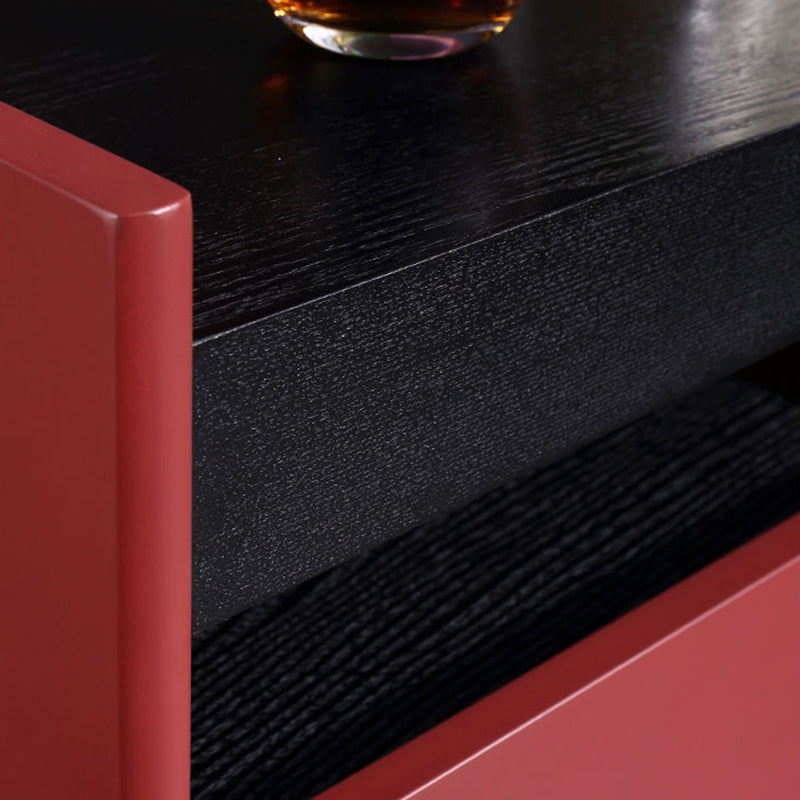 Moderner minimalistischer zweifarbiger Nachttisch mit 1 Schublade - Schwarze Eiche &amp; scharlachrotes Akzent-Aufbewahrungstisch für das Schlafzimmer 