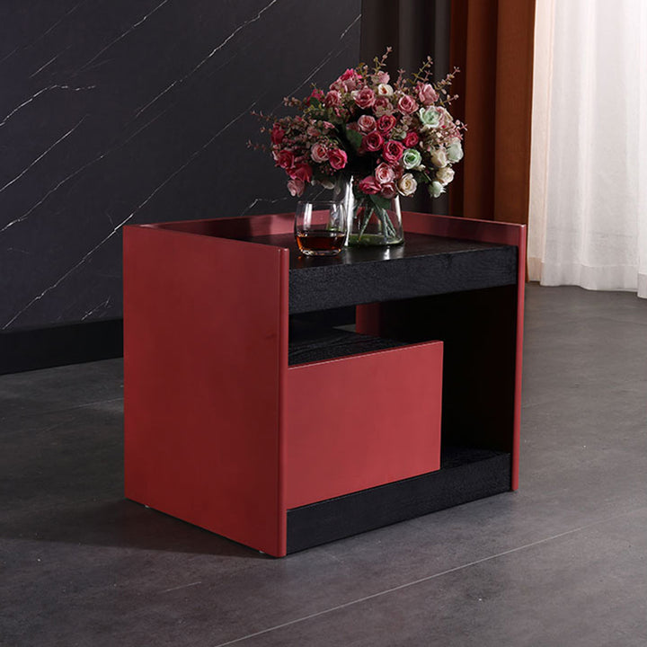 Moderner minimalistischer zweifarbiger Nachttisch mit 1 Schublade - Schwarze Eiche &amp; scharlachrotes Akzent-Aufbewahrungstisch für das Schlafzimmer 