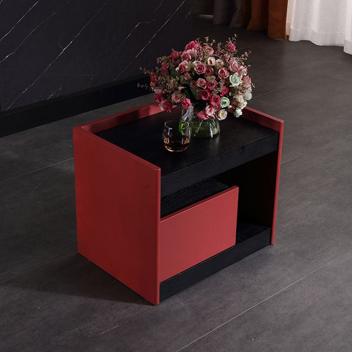 Moderner minimalistischer zweifarbiger Nachttisch mit 1 Schublade - Schwarze Eiche &amp; scharlachrotes Akzent-Aufbewahrungstisch für das Schlafzimmer 