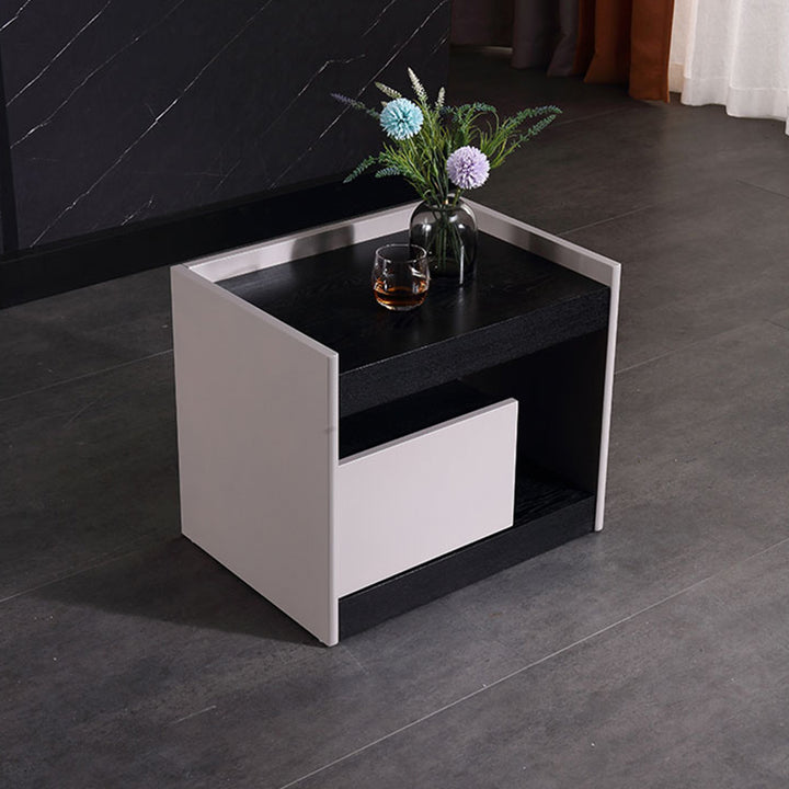 Modern Minimalist Nightstand: Black Oak &amp; Gray Single-Drawer Nightstand - Sleek Matte Finish Storage Bedside Table For Bedroom