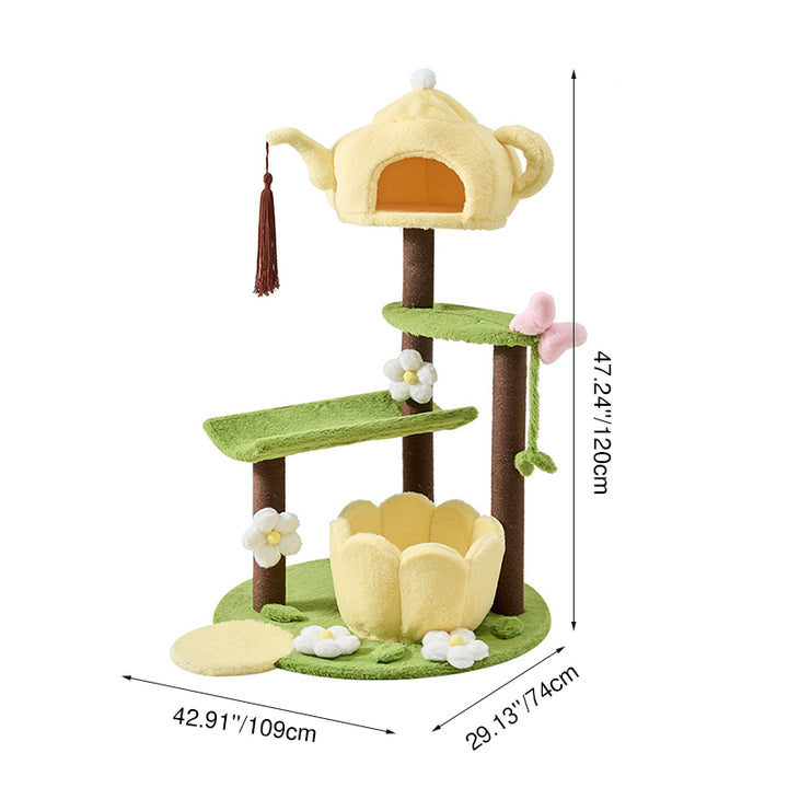Arbre à chat multifonctionnel en forme de théière ronde, au design contemporain créatif, avec panneau factice en tissu velours PS et coton PP, pour salon 