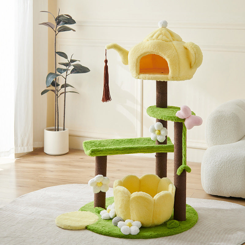 Arbre à chat multifonctionnel en forme de théière ronde, au design contemporain créatif, avec panneau factice en tissu velours PS et coton PP, pour salon 