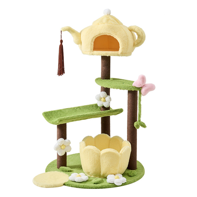Arbre à chat multifonctionnel en forme de théière ronde, au design contemporain créatif, avec panneau factice en tissu velours PS et coton PP, pour salon 