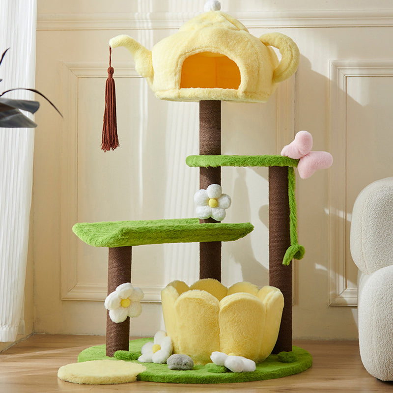 Arbre à chat multifonctionnel en forme de théière ronde, au design contemporain créatif, avec panneau factice en tissu velours PS et coton PP, pour salon 