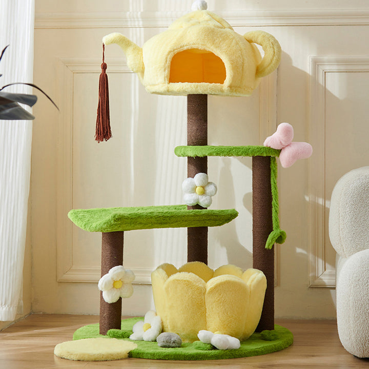 Arbre à chat multifonctionnel en forme de théière ronde, au design contemporain créatif, avec panneau factice en tissu velours PS et coton PP, pour salon 