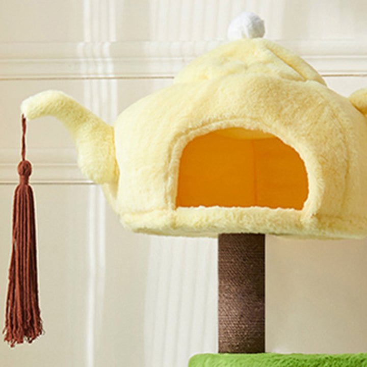 Arbre à chat multifonctionnel en forme de théière ronde, au design contemporain créatif, avec panneau factice en tissu velours PS et coton PP, pour salon 