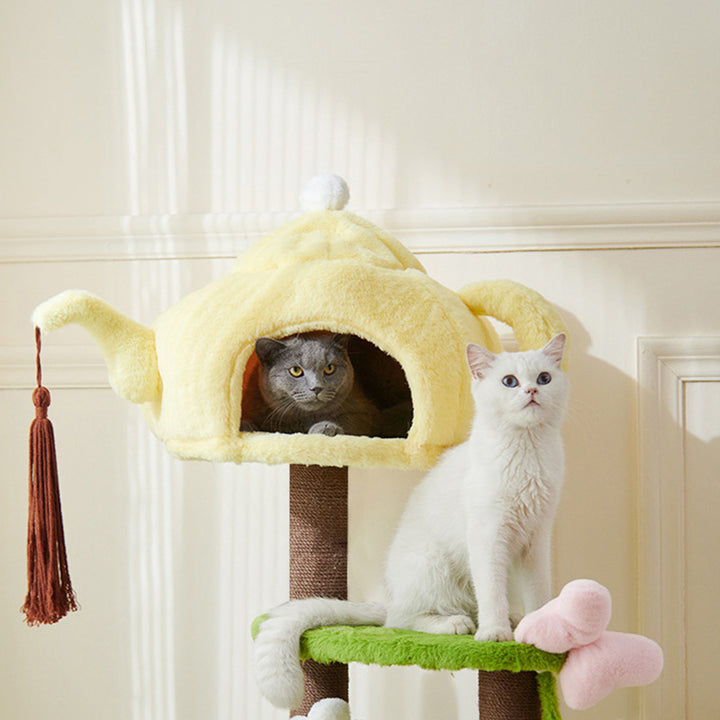Arbre à chat multifonctionnel en forme de théière ronde, au design contemporain créatif, avec panneau factice en tissu velours PS et coton PP, pour salon 