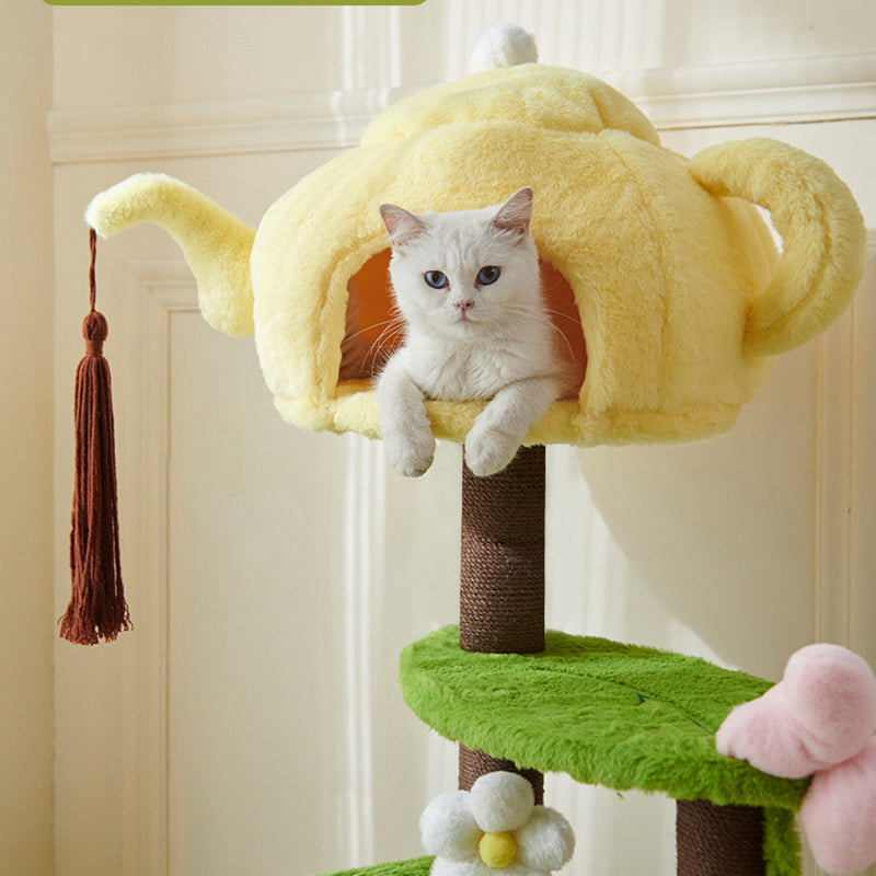Arbre à chat multifonctionnel en forme de théière ronde, au design contemporain créatif, avec panneau factice en tissu velours PS et coton PP, pour salon 