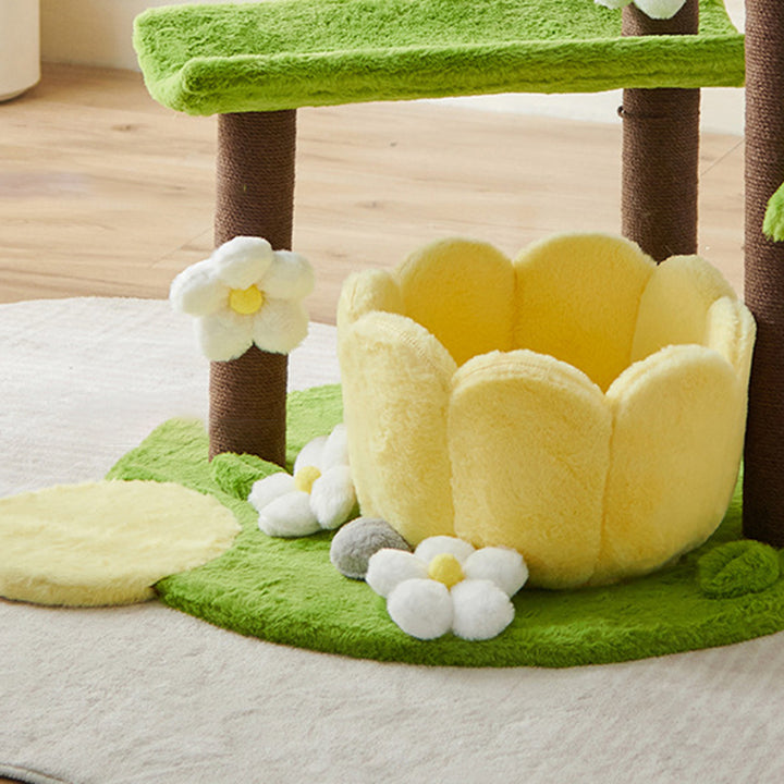 Arbre à chat multifonctionnel en forme de théière ronde, au design contemporain créatif, avec panneau factice en tissu velours PS et coton PP, pour salon 