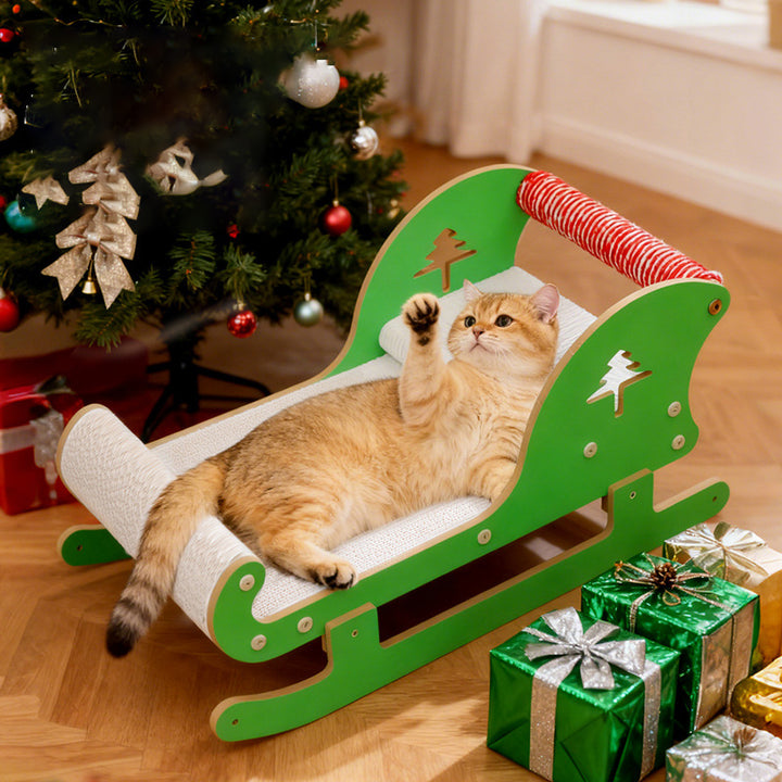 Contemporary Creative Rectangular Sled-Shaped Faux Panel Corrugated Paper Christmas Cat Bed For Bedroom