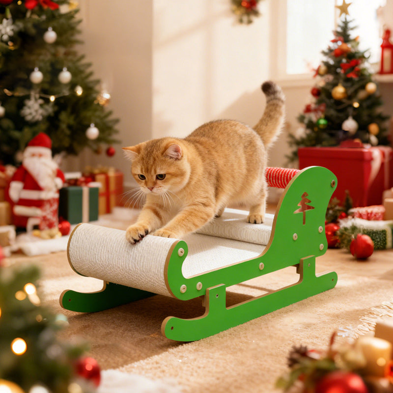 Contemporary Creative Rectangular Sled-Shaped Faux Panel Corrugated Paper Christmas Cat Bed For Bedroom