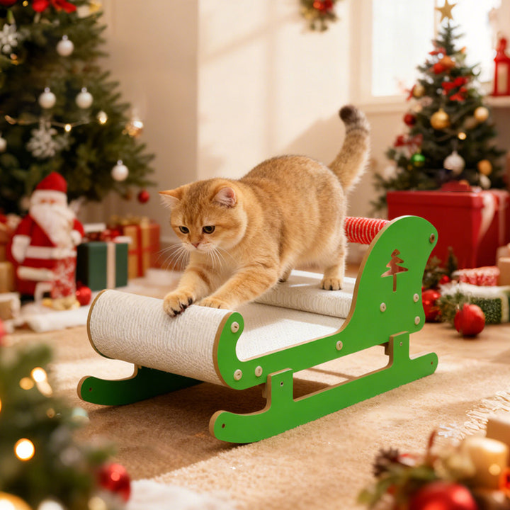 Contemporary Creative Rectangular Sled-Shaped Faux Panel Corrugated Paper Christmas Cat Bed For Bedroom