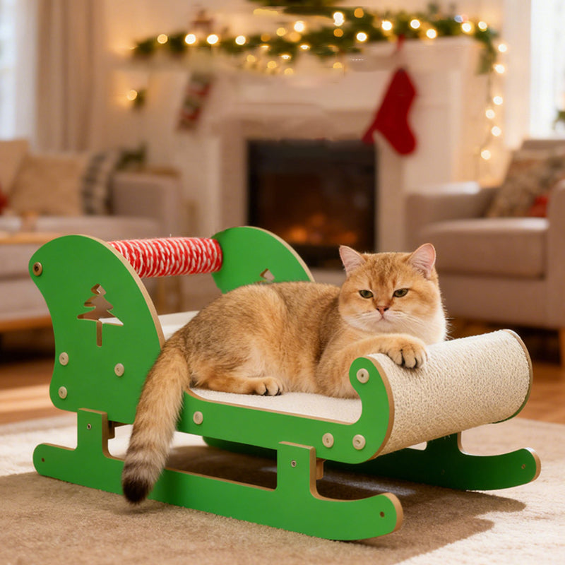 Contemporary Creative Rectangular Sled-Shaped Faux Panel Corrugated Paper Christmas Cat Bed For Bedroom