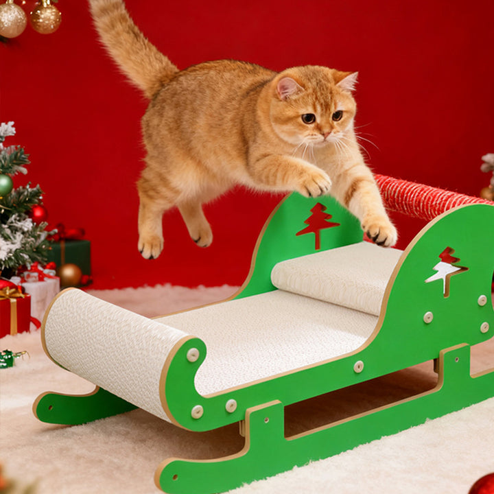 Contemporary Creative Rectangular Sled-Shaped Faux Panel Corrugated Paper Christmas Cat Bed For Bedroom