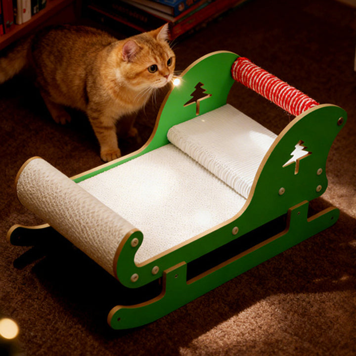 Contemporary Creative Rectangular Sled-Shaped Faux Panel Corrugated Paper Christmas Cat Bed For Bedroom