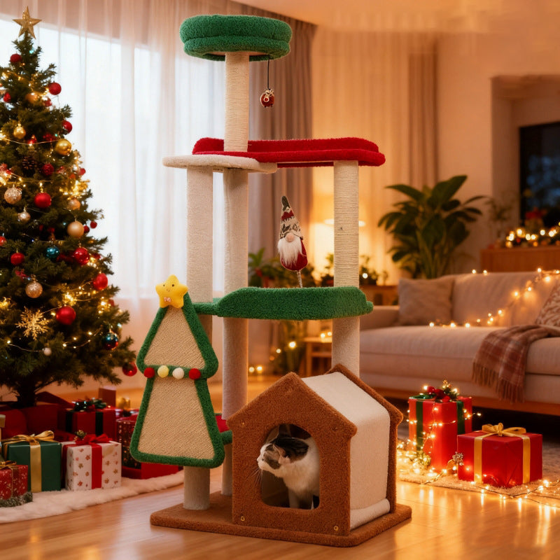 現代的なクリエイティブスクエア中密度繊維板シサルベルベットファブリック多機能クリスマスキャットツリー寝室用 