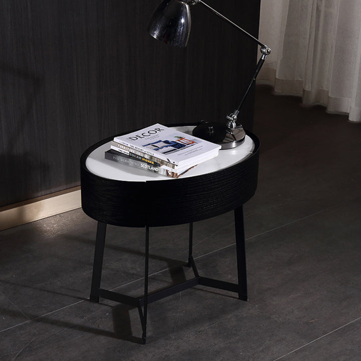 Contemporary Luxury High-Leg Nightstand: Marble Look Sintered Stone - Robot Vacuum Friendly Metal Base 1-Drawer Bedside Table For Bedroom