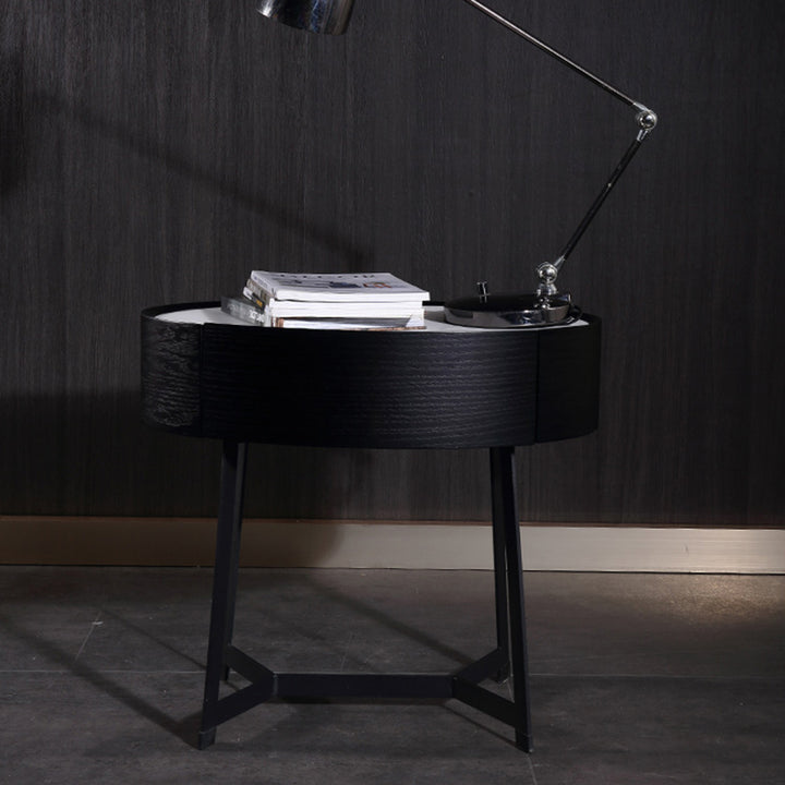 Contemporary Luxury High-Leg Nightstand: Marble Look Sintered Stone - Robot Vacuum Friendly Metal Base 1-Drawer Bedside Table For Bedroom