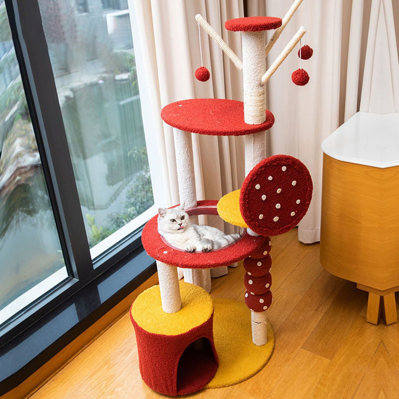 Arbre à chat multifonctionnel en panneau de fibres de densité moyenne recouvert de sisal et de tissu, au design contemporain créatif rond en forme d’aubépine confite, 2/4 niveaux, pour salon 