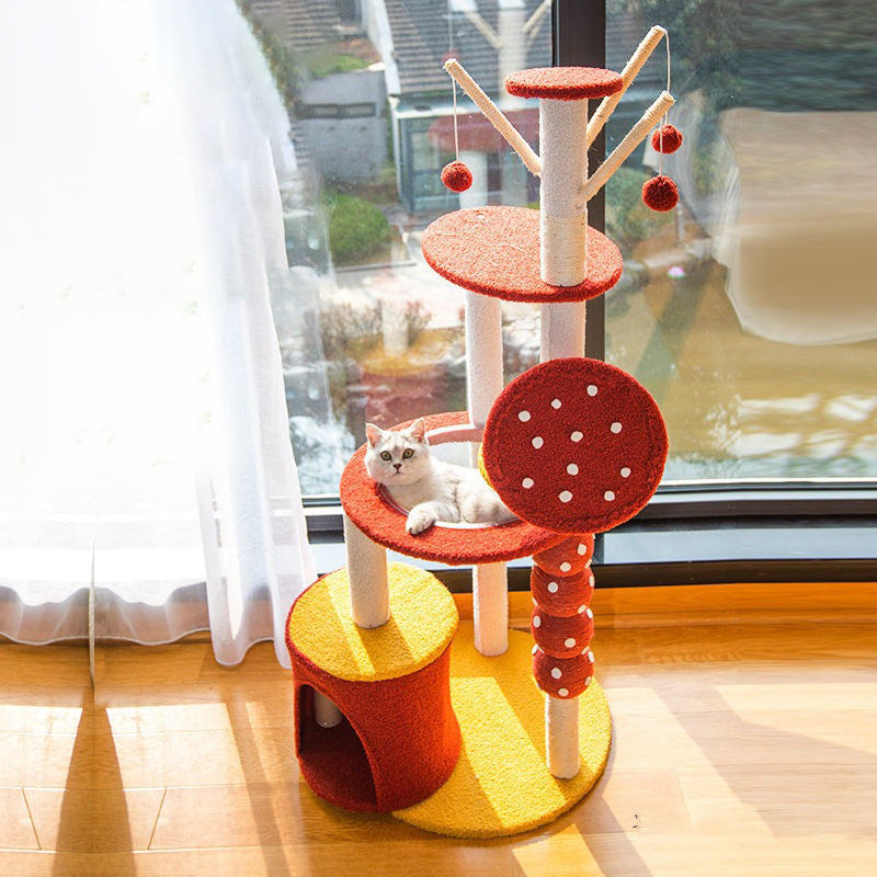 Arbre à chat multifonctionnel en panneau de fibres de densité moyenne recouvert de sisal et de tissu, au design contemporain créatif rond en forme d’aubépine confite, 2/4 niveaux, pour salon 