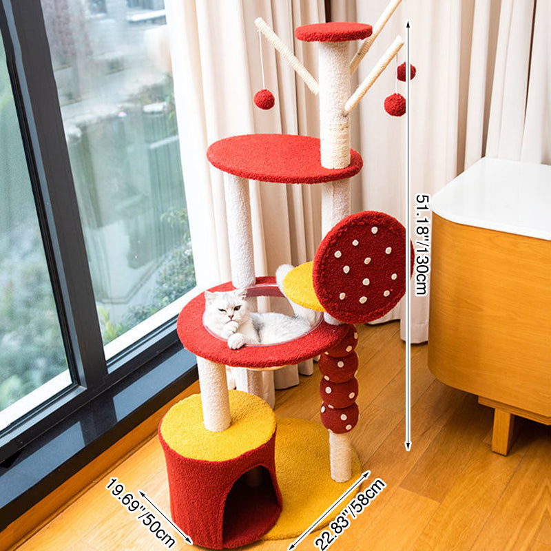 Arbre à chat multifonctionnel en panneau de fibres de densité moyenne recouvert de sisal et de tissu, au design contemporain créatif rond en forme d’aubépine confite, 2/4 niveaux, pour salon 