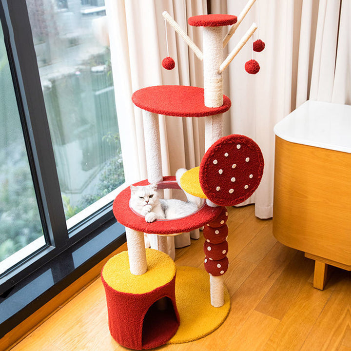 Arbre à chat multifonctionnel en panneau de fibres de densité moyenne recouvert de sisal et de tissu, au design contemporain créatif rond en forme d’aubépine confite, 2/4 niveaux, pour salon 
