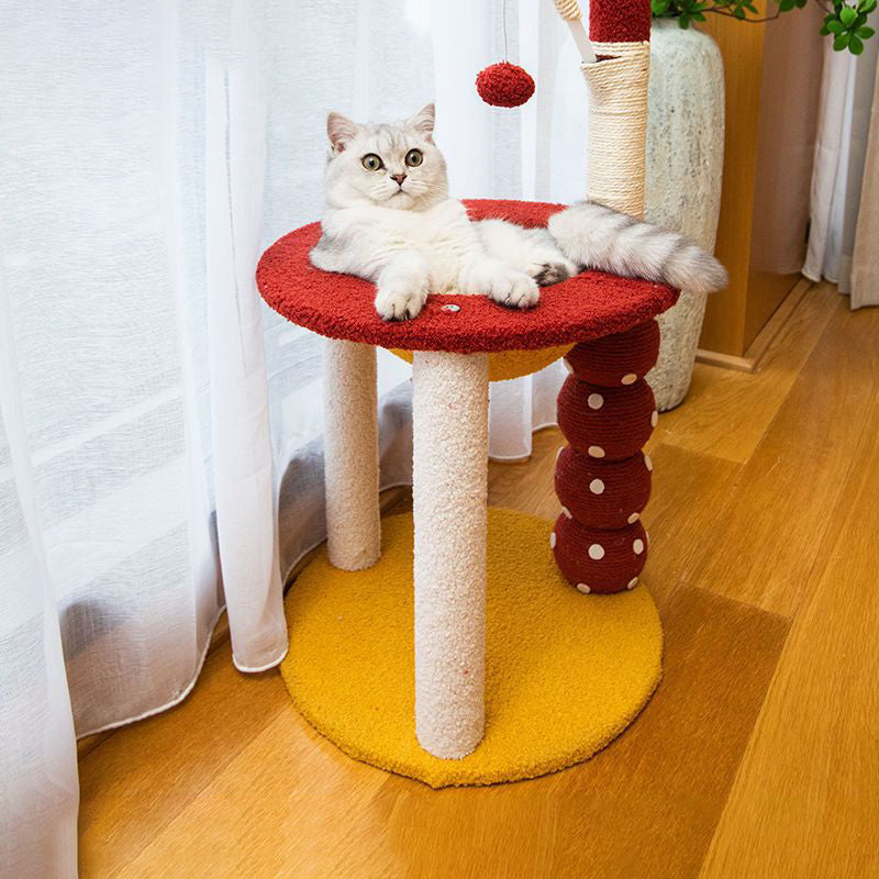 Arbre à chat multifonctionnel en panneau de fibres de densité moyenne recouvert de sisal et de tissu, au design contemporain créatif rond en forme d’aubépine confite, 2/4 niveaux, pour salon 