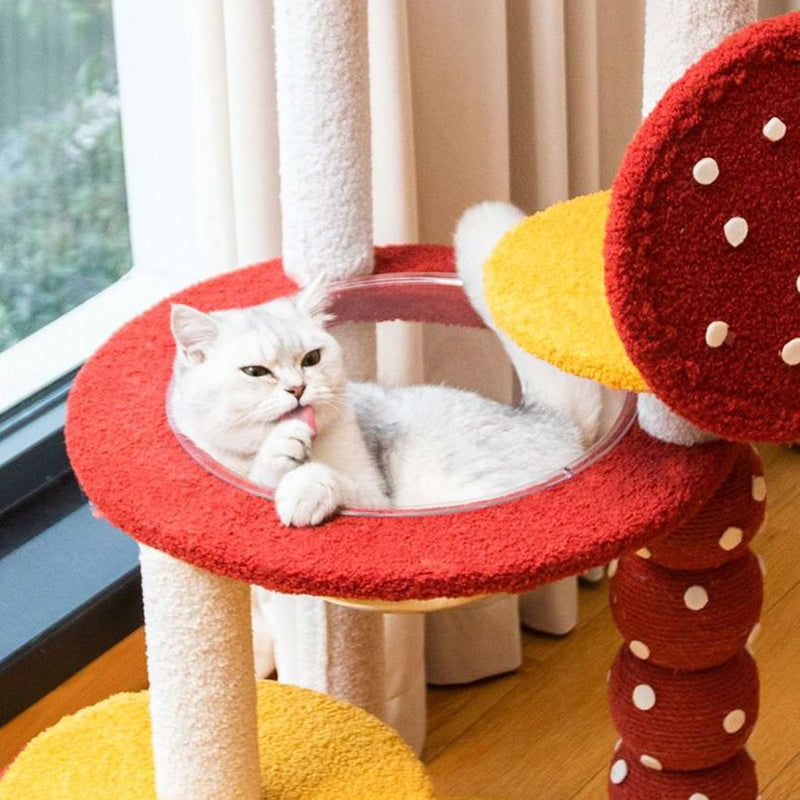 Arbre à chat multifonctionnel en panneau de fibres de densité moyenne recouvert de sisal et de tissu, au design contemporain créatif rond en forme d’aubépine confite, 2/4 niveaux, pour salon 