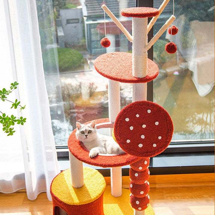 Arbre à chat multifonctionnel en panneau de fibres de densité moyenne recouvert de sisal et de tissu, au design contemporain créatif rond en forme d’aubépine confite, 2/4 niveaux, pour salon 