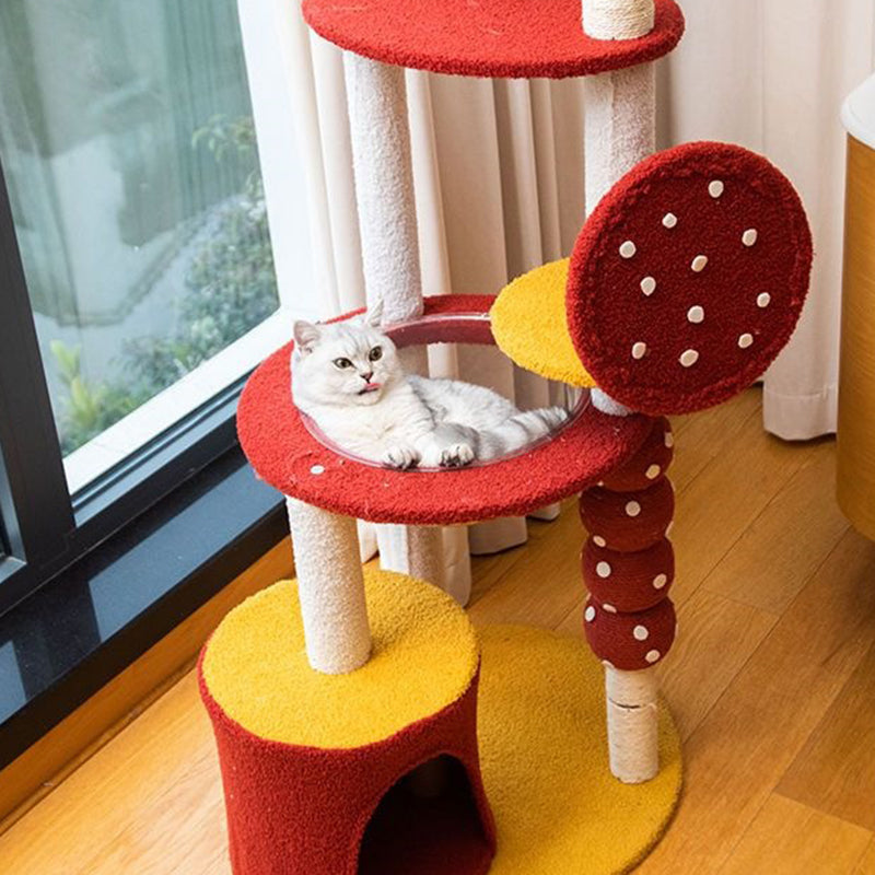 Arbre à chat multifonctionnel en panneau de fibres de densité moyenne recouvert de sisal et de tissu, au design contemporain créatif rond en forme d’aubépine confite, 2/4 niveaux, pour salon 