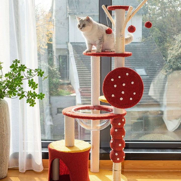 Arbre à chat multifonctionnel en panneau de fibres de densité moyenne recouvert de sisal et de tissu, au design contemporain créatif rond en forme d’aubépine confite, 2/4 niveaux, pour salon 