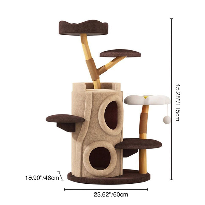 Arbre à chat contemporain créatif en cylindre en bois naturel, sisal, tissu velours, bois massif, style maison dans l’arbre, 5 niveaux pour salon 