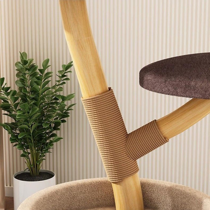 Arbre à chat contemporain créatif en cylindre en bois naturel, sisal, tissu velours, bois massif, style maison dans l’arbre, 5 niveaux pour salon 